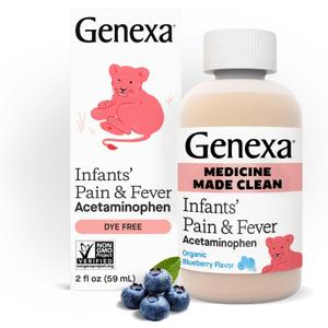 Genexa Infants' Clean Acetaminophen | Pediatrician Preferred Ingredients | Pain Reliever & Fever Reducer for Babies | Dye Free, 0% Artificial Additives | Delicious Organic Blueberry Flavor, 2 fl oz (1 Pack) Genexa Infants' Clean Acetaminophen | Pediatrician Preferred Ingredients | Pain Reliever & Fever Reducer for Babies | Dye Free, 0% Artificial Additives | Delicious Organic Blueberry Flavor, 2 fl oz (1 Pack)
