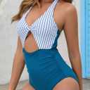 Women's One Piece Swimsuits Tummy Control Cutout High Waisted Bathing Suit Wrap Tie Back V Neck Swimwear (Blue, XL)