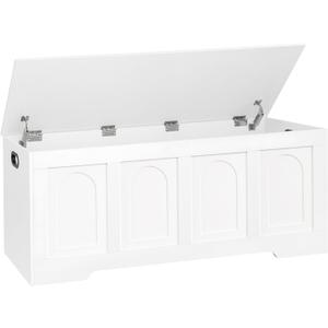 DINZI LVJ Storage Chest, 47.2" Rattan-Like Toy Box with 2 Safety Hinges, Wooden Entryway Storage Bench with Flip-Top, Large Trunk for Living Room, Bedroom, Easy Assembly, White