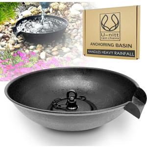 U-nitt 12" Spill Bowl Downspout Catch Basin for Rain Chain Anchoring & Stake | Rainwater Collection for Roof |Gutter Catch Basin | Good for Water Fountain & Birdbath | Black | Handles Heavy Rain