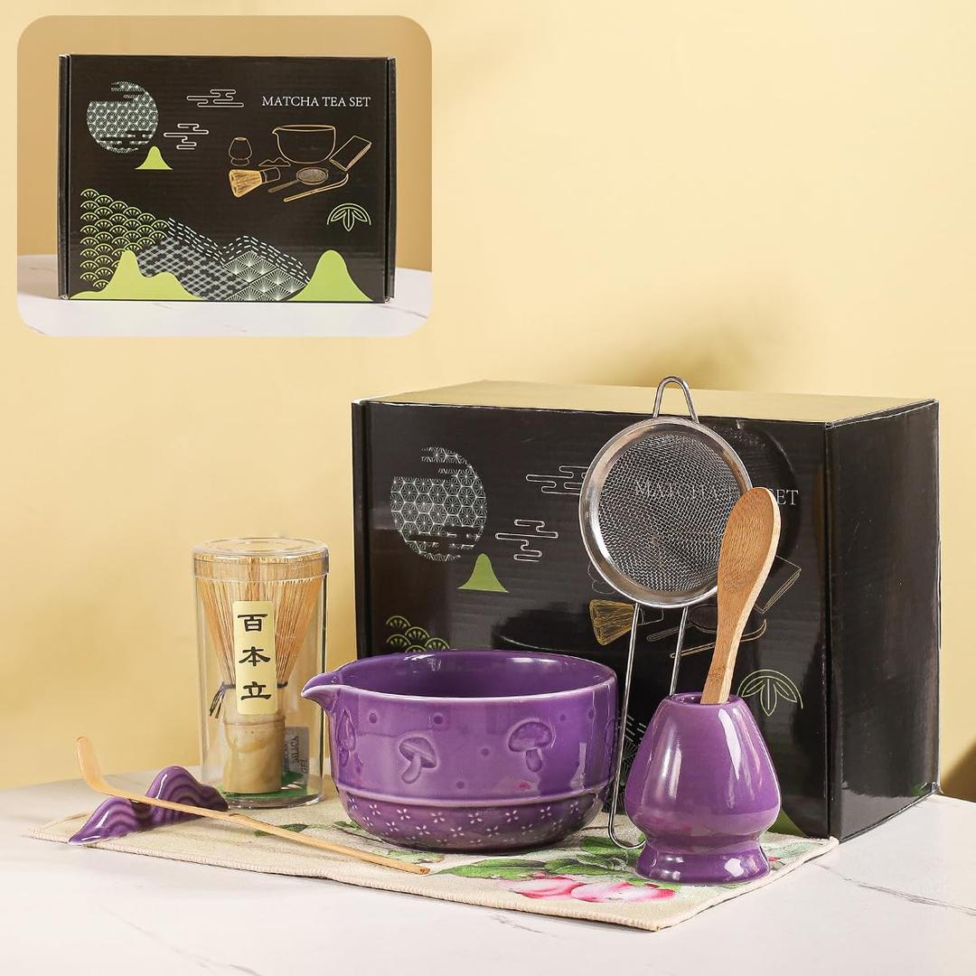 Matcha Set, 8-Piece Ceramic Matcha Bowl & Whisk Kit with Mushroom Pattern, Traditional Japanese Chawan, Bamboo Chasen, Scoop & Sifter, Gift for Tea Lovers, Zen Tea Ceremony Accessories (Purple;)