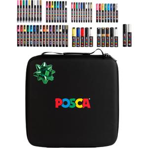 Posca Exclusive Holiday Paint Markers Gift Set of 62 with Case, Great for Kids and Adults, For Coloring Christmas Decorations, Canvas, Glass or Wood, Includes 350, 1MR, 1M, 3M, 5M, 7M, 8K, & 17K