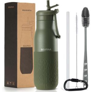 Insulated Stainless Steel Water Bottles with Straw, Wall Vacuum Insulated Water Bottle for Gym Traveling Camping Hiking Outdoor Activity(2 Cleaning Brushes+1 Carabiner, 18 oz Green)
