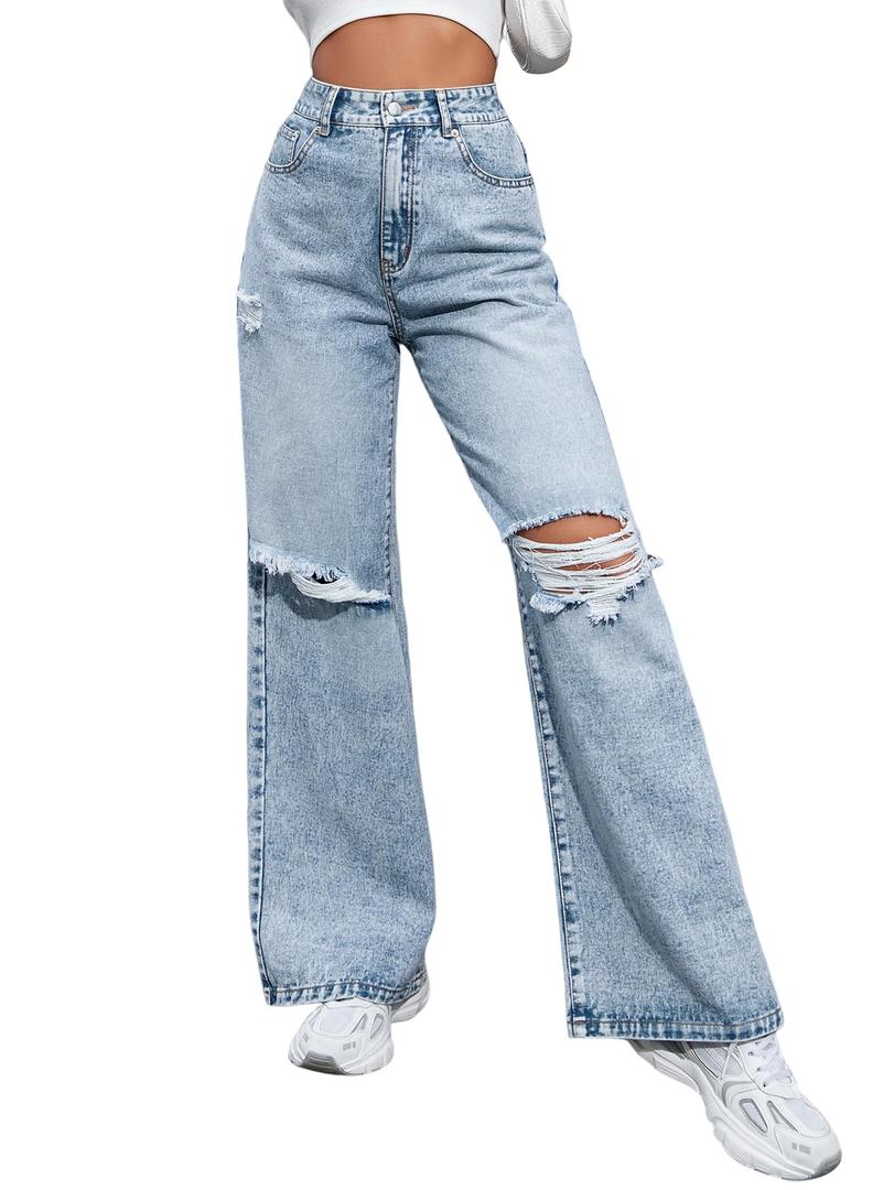 Women's High Waisted Ripped Wide Leg Denim Pants Casual Loose Fit Jeans XXL