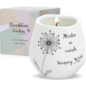 Pavilion - 8 Oz Candle Holder - White Ceramic Candle Jar with 100% Soy Wax Candle Serenity Scent "Make a wish Happy 30th" Ideal Gift for Loved Ones - Printed Text, Love Theme & Oval Shape