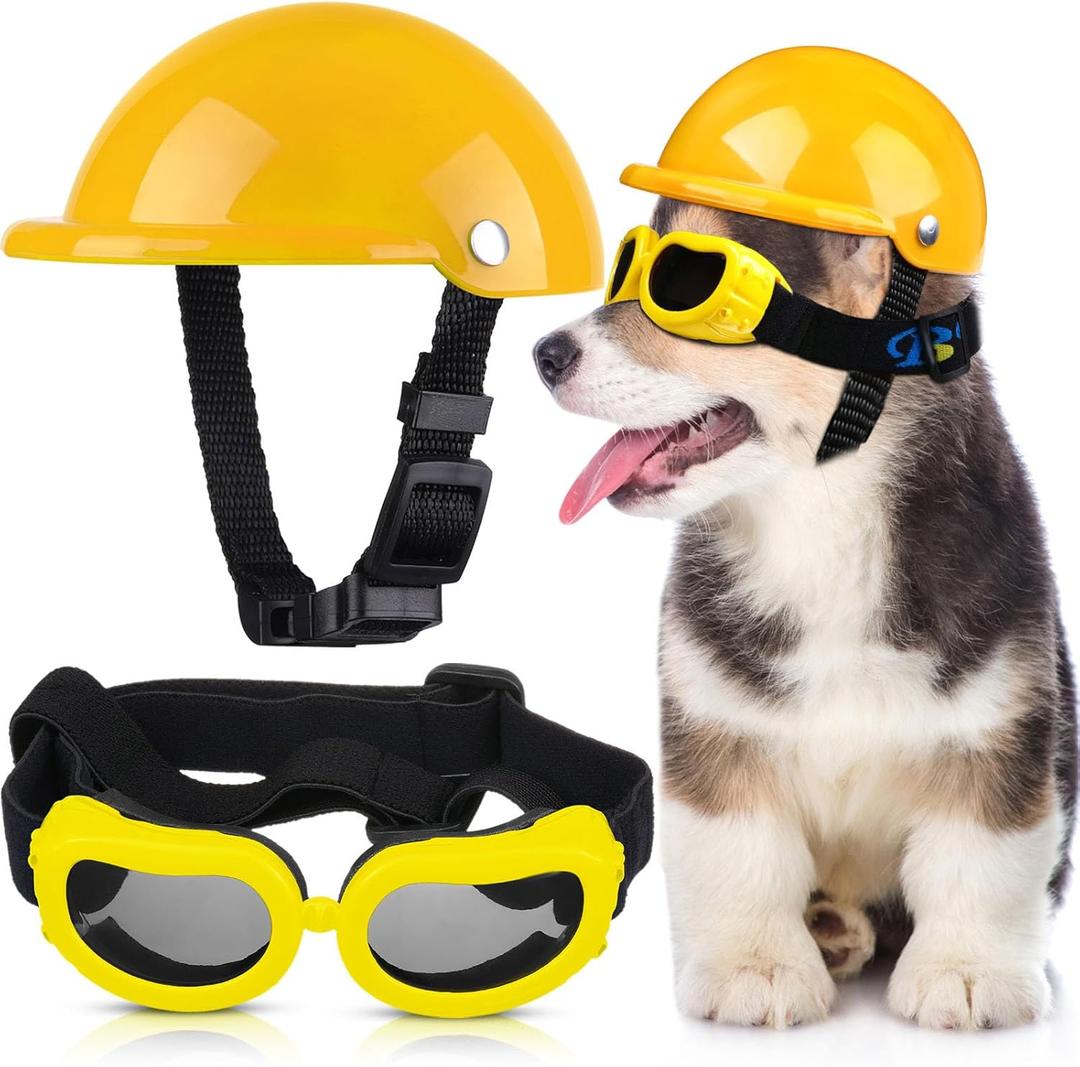 Frienda Dog Helmet and Goggles, UV Protection Doggy Sunglasses and 4 Inch Padded Puppy Motorcycle Helmet Adorable Dog Goggles with Adjustable Belt for Small Dogs Puppy Riding (Yellow)