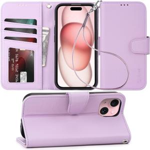 Arae Compatible with iPhone 15 Pro Case with Card Holder and Wrist Strap Wallet Flip Cover for iPhone 15 Pro 6.1 inch Women RFID Blocking Wristlet Kickstand, Litchi Lavander
