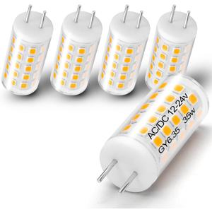 Heifymi GY6.35 Light Bulb AC/DC 12-24V 4W Equivalent 35W-40W Halogen Bulb Warm White 2700K GY6.35/G6.35 JC Type Bi-Pin Base for Pendant Landscape Kitchen Lights Desk Lamp, Non-Dimmable, 5 Pack