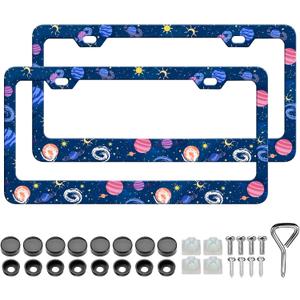 Planet License Plate Frame - 2PCS Cute Outer Space Planet Aluminum Metal License Plate Holder, Rust-Proof Waterproof Car Decorative Tag Frames for Standard Us 12x6 Inch