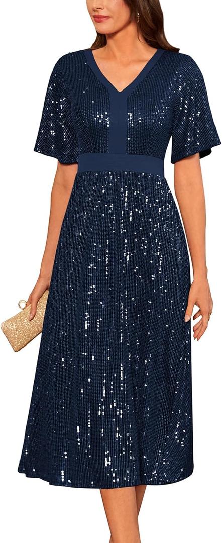 GRACE KARIN Women's Sequin V Neck Ruffle Sleeve Empire Waist Sparkly Glitter A Line Cocktail Formal Dresses (Medium)