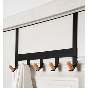 A&M Shops Over The Door Hanger - Heavy Duty Metal Door Hanger with Lotus Wood Tip for Bathroom & Bedroom - Coat Rack Organizer with 5 Stylish Towel Hooks for Door, Clothes & Bags - Black - Pack of 2