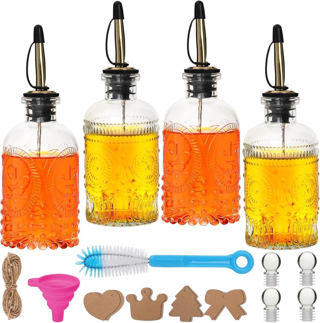 7oz Glass Coffee Syrup Dispenser, 4-Pack Complete Set with Funnel, Brush, Stoppers & Accessories - Syrup Bottles for Coffee Bar with Metal Pour Spout, Ideal for Maple, Oil, Vinegar, Cooking 