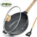 Non Stick Deep Frying Pan with Lid and Strainer, 12 In / 5.5 Quart Saute Pan, Granite Chef Pan Skillet Nonstick for Cooking, 100% PFOA Free Non Toxic Fry Pan for All Stove top Gas Induction