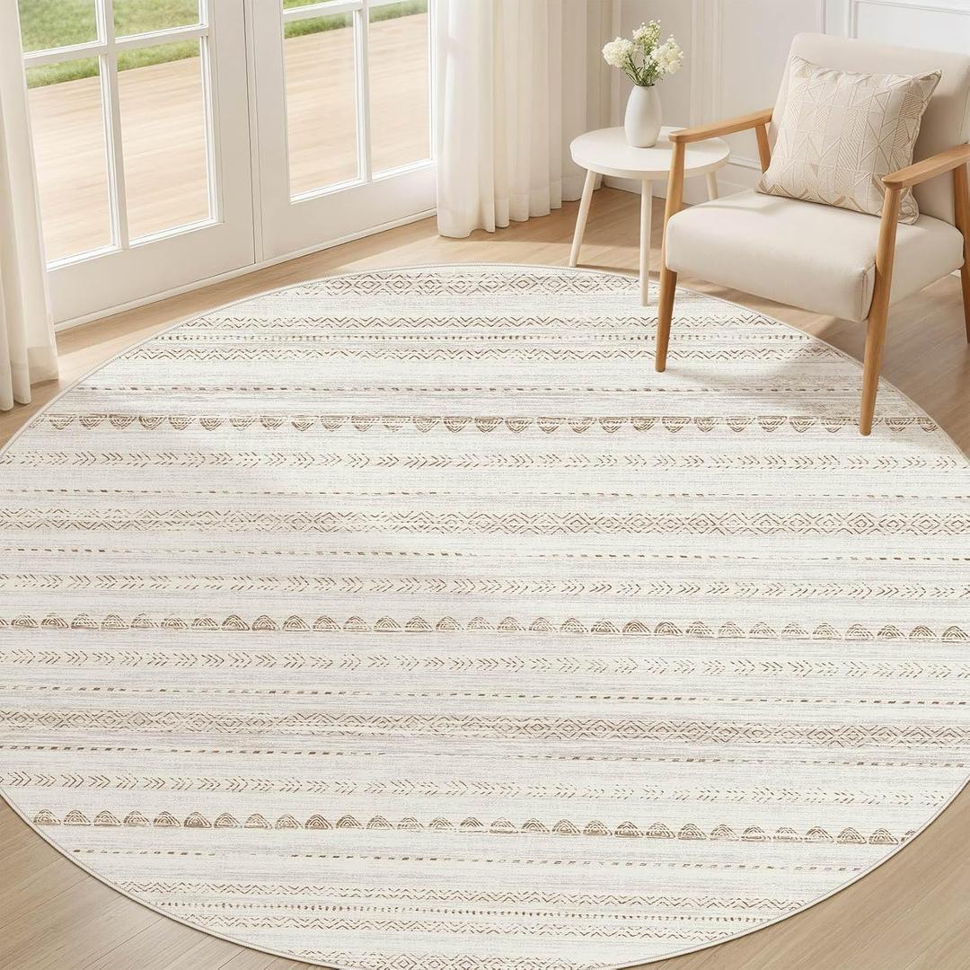 Nakagishi Round Rug Boho Area Rugs: 5x5 Washable Large Circle Neutral Soft Stain Resistant Non-Slip Carpet for Women Aged 25-45 Farmhouse Decor Enthusiasts - Living Room Bedroom Dining Room Nursery (Beige Brown)