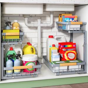 Kitstorack Under Sink Organizer, 2 Tier Under the Sink Storage, Slide out Pull out Cabinet Organizer Shelf, Metal Sliding Drawer for Kitchen Bathroom Pantry Closet Organization Rack, Grey, 2 Pack (Gray)