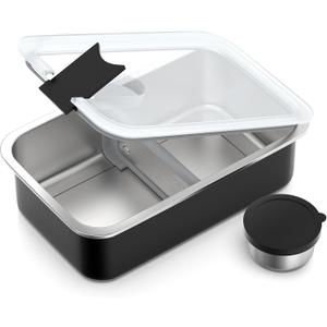 Bakpoco Stainless Steel Bento Lunch Box for Adult, 42oz Leak-Proof Lunch Box Containers, Microwave-Safe, with Adjustable Divider, Convenient Metal Lunchbox for Work, Travel (1-2 Black)