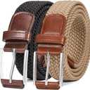 Belt for Men, 1 3/8" Mens Gift Stretch Braided Web Belt Elastic for Casual Golf Jeans, 2 Pack (32" to 38" Waist Adjustable, Black+beige)