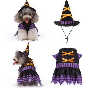 Yoption Dog Cat Witch Dress Costumes with Magic Hat, Pet Halloween Christmas Cosplay Hoodie Funny Outfits Clothes for Puppy Dogs (S)