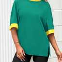BTFBM Womens Oversized T Shirts Dressy Casual Short Sleeve Summer Tops Crew Neck Color Block Blouse Loose Fit Basic Tee (Green, L)