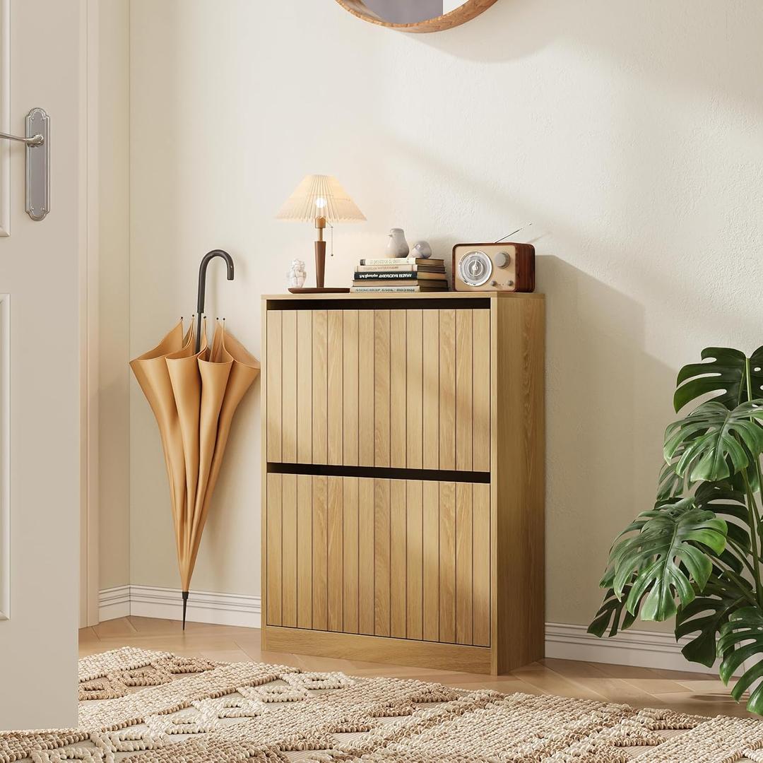 Shoe Storage Cabinet with Vertical Groove Doors 2 Flip Drawers, Narrow Shoe Cabinet Storage for Entryway, Freestanding Shoe Organizer Cabinet, Slim Shoe Rack Cabinet (Natural Oak Grain)