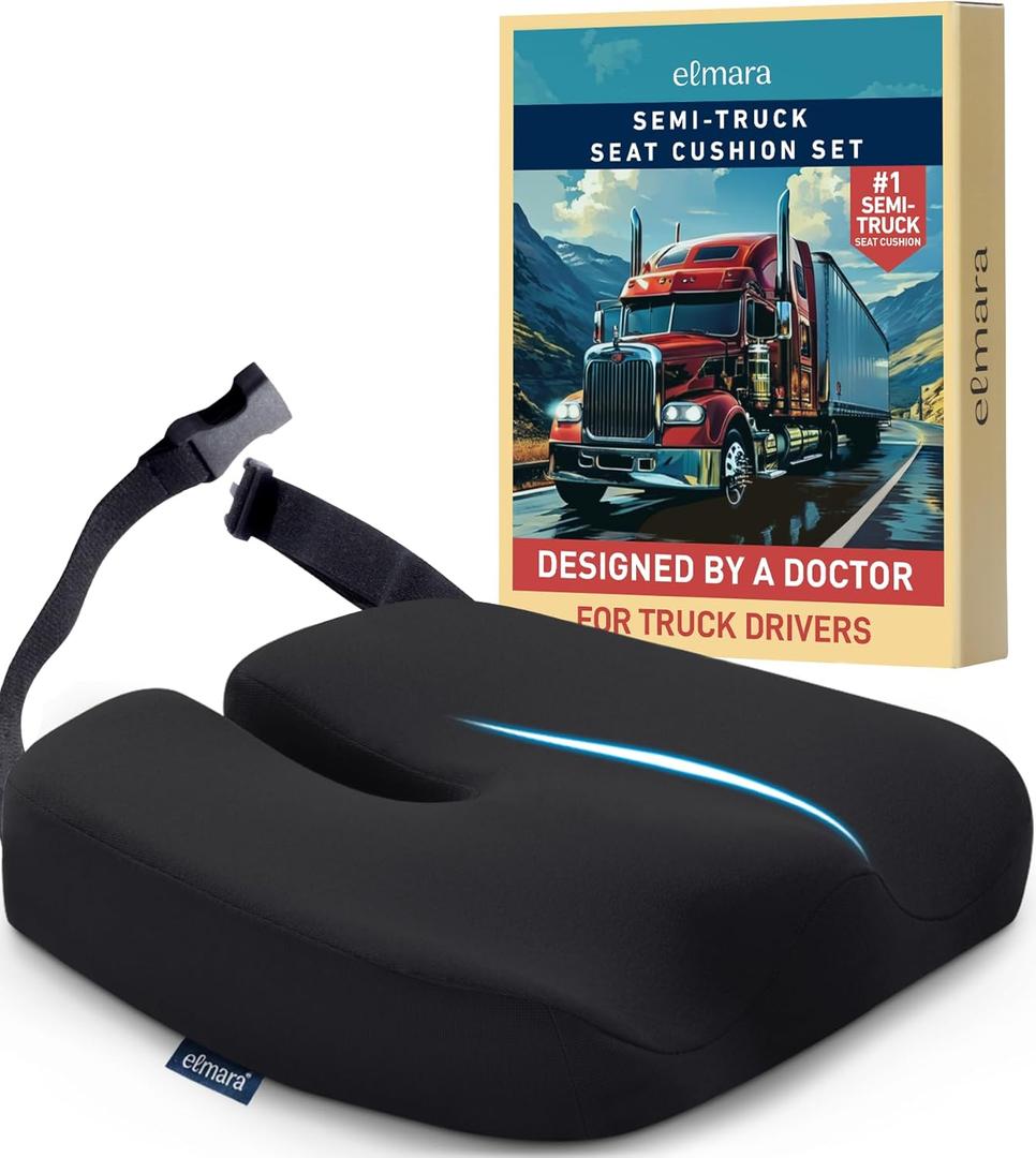 Elmara Doctor-Designed Semi-Truck Seat Cushion for Truck Driver  The Ultimate Comfort Solution for Long-Haul Drivers  Trucker Seat Cushion  Semi Truck Accessories (Black)