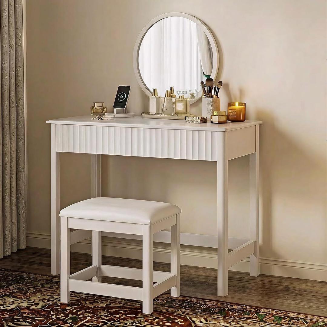 ChooChoo 40 Inch Modern Desk with Drawers, Makeup Vanity Desk with Padded Stool, Small Home Office Desk for Bedroom, White, 39.37in