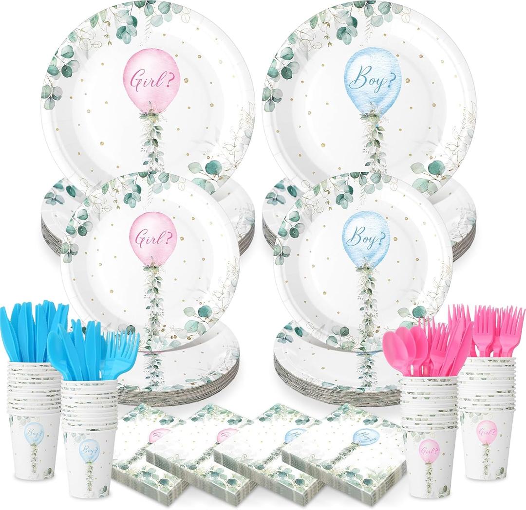 350 Pcs Greenery Gender Reveal Decorations Plates and Cups and Napkins Sets with Forks Balloon Boy or Girl Gender Reveal Supplies for 50 Guests
