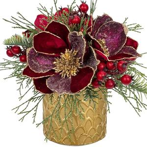 12 inch Red Christmas Table Centerpiece 5" Glitter Magnolia Flower and Red Berries Fir Greenery Artificial Christmas Floral Centerpiece in Golden Ceramic Pot Christmas Tabletop Arrangement Decor