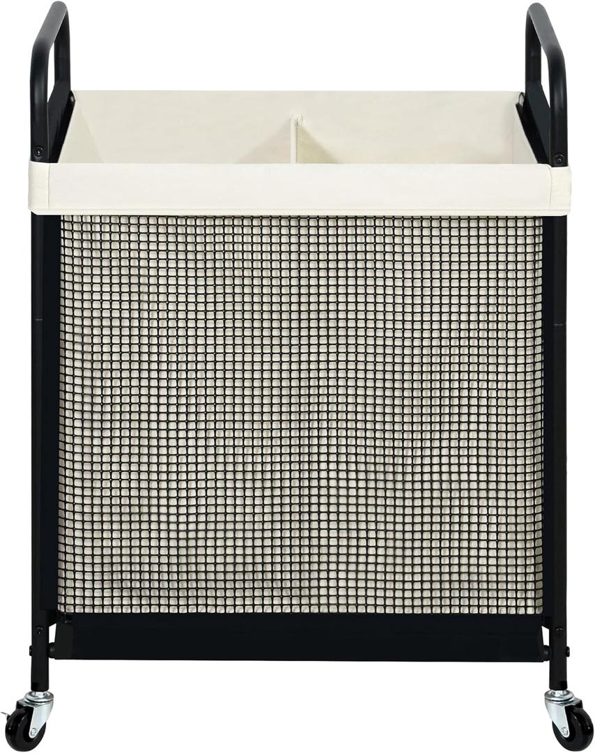 STO STO Laundry Hamper 2 Section, 100L Rolling Laundry Sorter Cart with Removable and Washable Liner Bag, Clothes Hamper with Wheels and Metal Handle for Laundry Room and Bedroom (Beige)