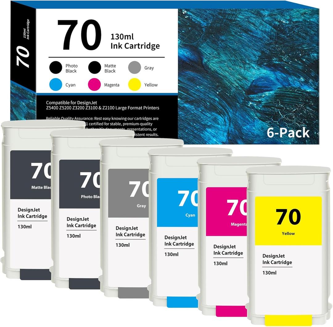 70 Ink Cartridges 130ml C9448A C9449A C9450A C9452A C9453A C9454A Ink Replacement for HP 70 Ink Cartridge for DesignJet Z5400 Z5200 Z3200 Z3100 Z2100 Large Format Printer Ink 6-Pack (MK/PK/G/C/M/Y)