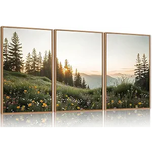 FWIEXA Green Forest Mountain Framed Canvas Wall Art Set, Wildflower Meadow Wall Decor, Floral Pictures Artwork, Nature Sunset Landscape Art Prints for Living Room, Bedroom, Office - Size 24"x36"x3