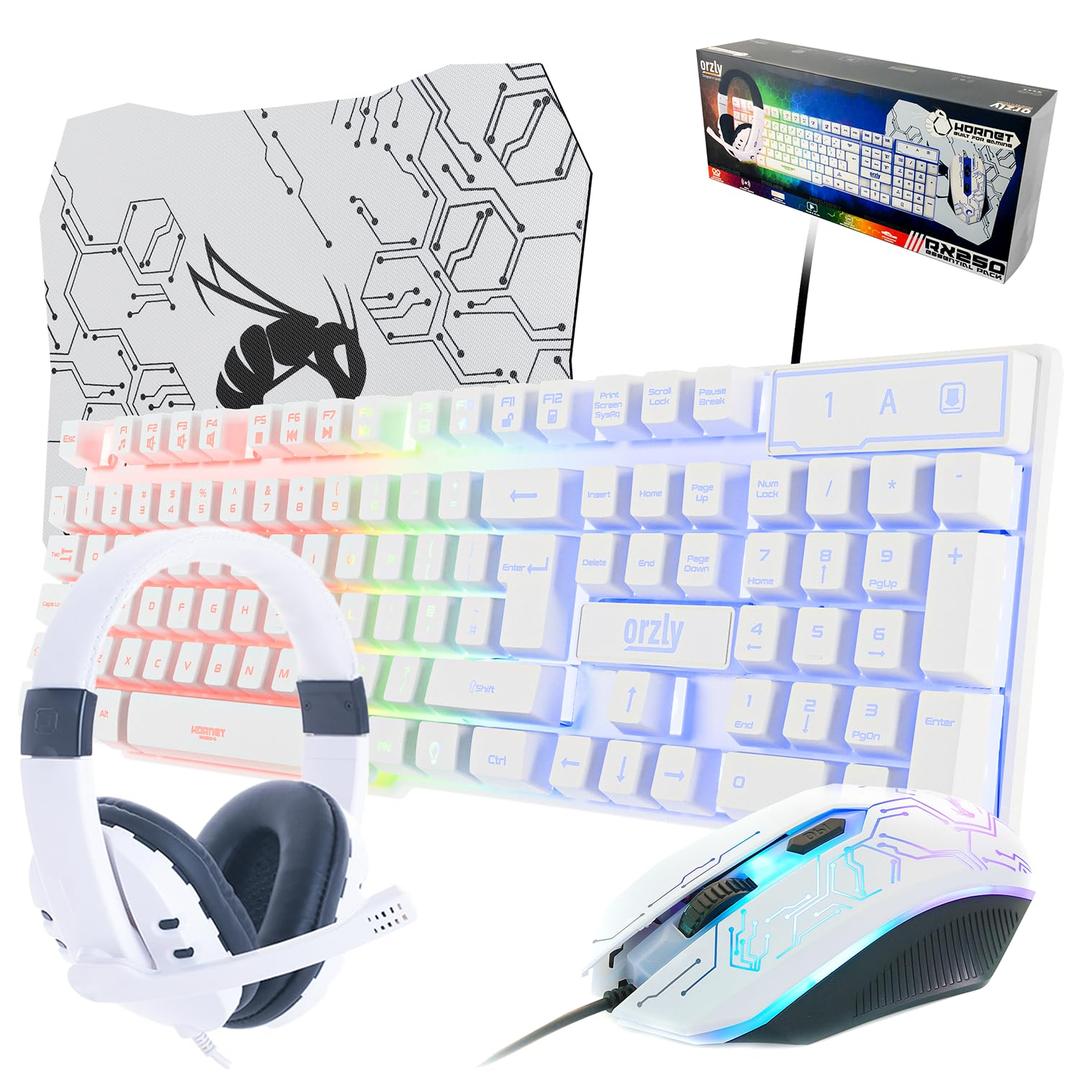 Gaming Keyboard and Mouse and Gaming Headset & Mouse Pad, Wired LED RGB Backlight Bundle for PC Gamers Users - 4 in 1 White Edition Hornet RX-250