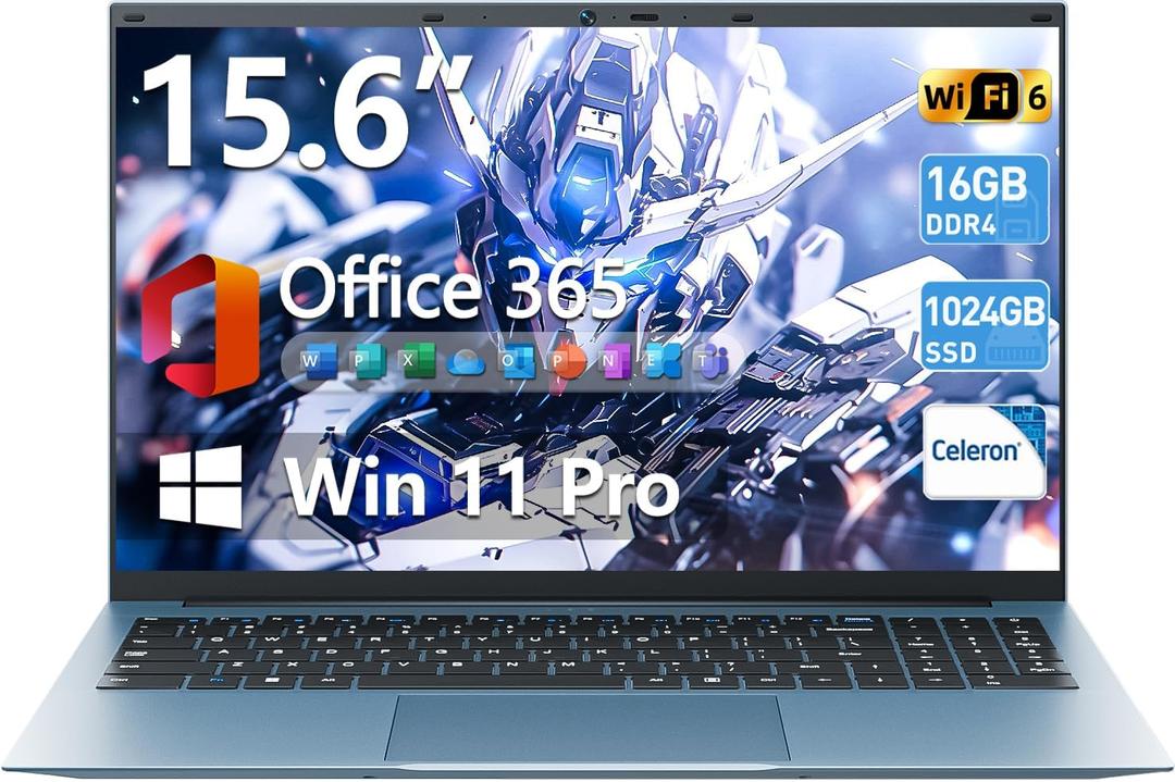 Naclud 15.6 Inch Laptop Computer, Windows 11 Laptops with 16GB RAM 1024GB SSD, Celeron N5100, Office 365, IPS FHD, WiFi 6, 53.2WH Battery, 180 Viewing, HDMI, Cooling Fan, for Business and Students