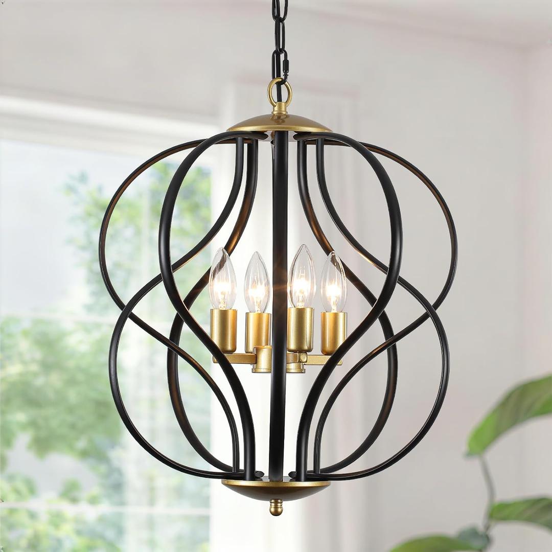 4 Lights Black and Gold Chandelier for Dining Room, 17" Farmhouse Foyer Chandeliers, Industrial Geometric Hanging Pendant Light Fixture for Entryway, Kitchen, Entryway, Foyer, Stairs