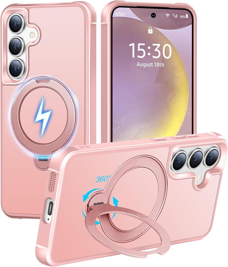 HuwaiH 360 Rotatable Magnetic Ring Stand for Samsung Galaxy S24 Plus/S25 Plus Case, Compatible with MagSafe, Military-Grade Shockproof, Anti-Scratch Matte Translucent Phone Case(Pink)