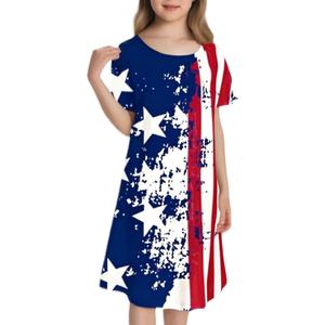 RONGTAI Girls 4th of July Dress American Flag Patriotic Stars Striped Summer Casual Short Sleeve Dresses for 4-12 Years Kids, Stars and Flag (10-12 Years)