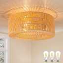 SineRise Flush Mount Ceiling Light (18-Inch, LED Bulb Included), Hand-Woven Boho Rattan Ceiling Light Fixture, 3-Light Rattan Chandelier for Hallway Kitchen Farmhouse Foyer Entryway Living Room(Gold)