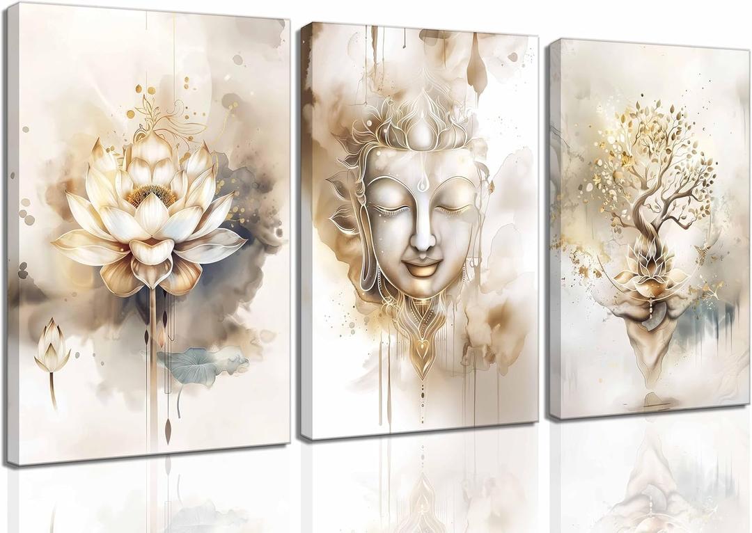 SMFARTJX 3Pcs Zen Canvas Wall Art 16x24in | Tree of Life Lotus Flower Buddha Pictures Wall Decor Poster Print Artwork For Living Room Yoga Room Hotel Bedroom