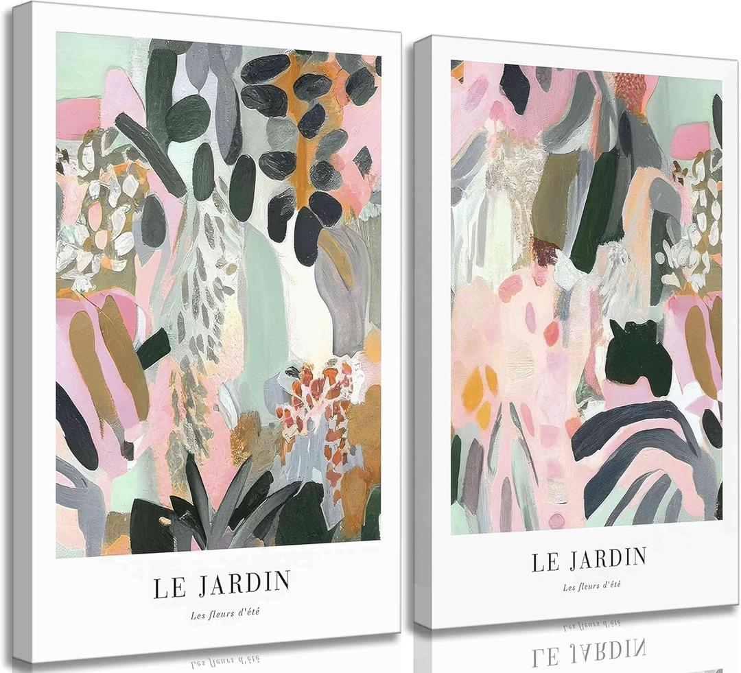 2Pcs Henri Matisse Canvas Wall art Modern Abstract Pink Green Floral Plants Painting Pictures Wall Decor Maximalist Colourful Flower Poster Print Artwork for Living room Bedroom Girls Room (16x24in-canvas)