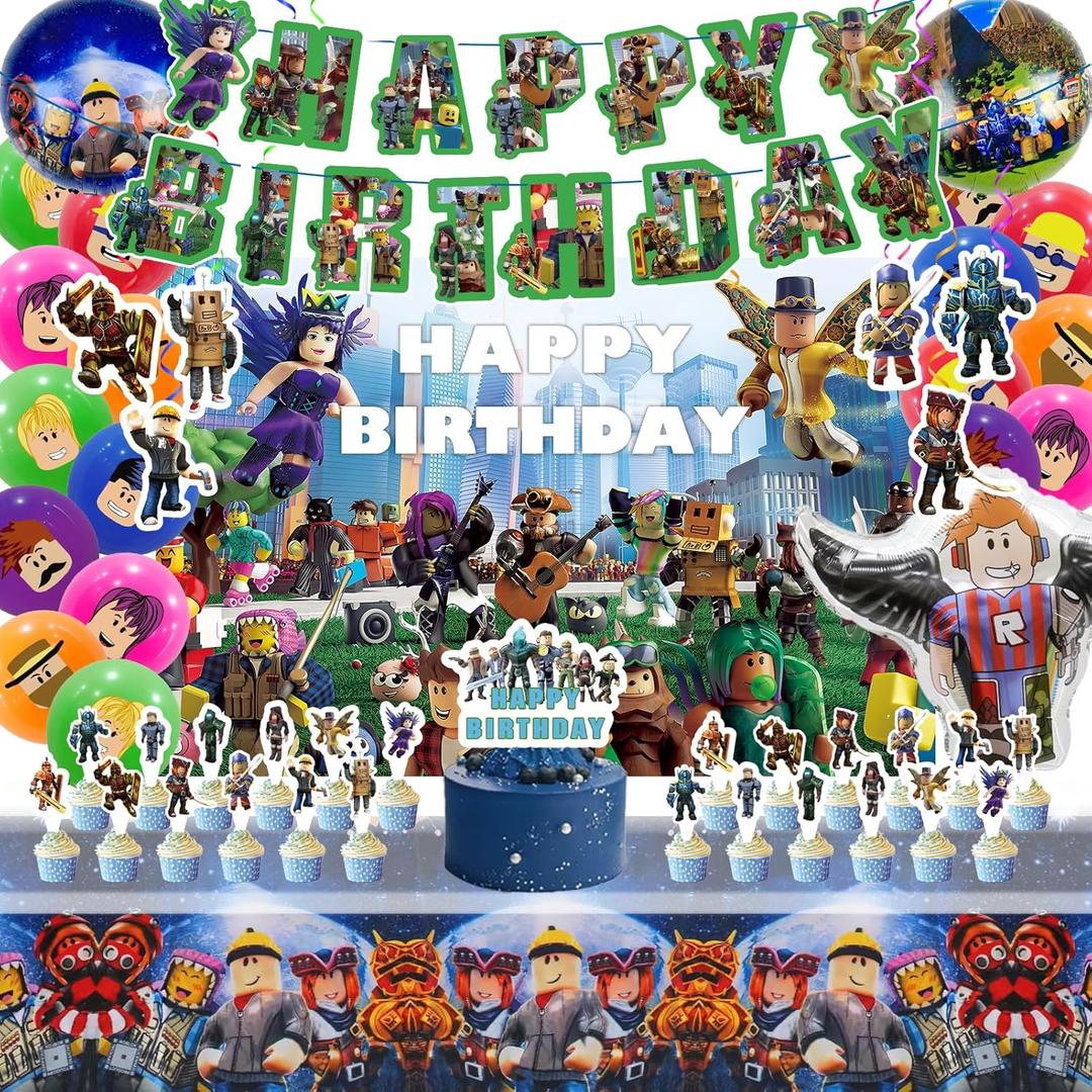 Birthday Party Decorations - Theme Children's Party Supplies Included Happy Birthday Banner, Backdrop, Hanging Swirls, Tablecloth, Cupcake Cake Toppers, Latex Balloons and Foil Balloons