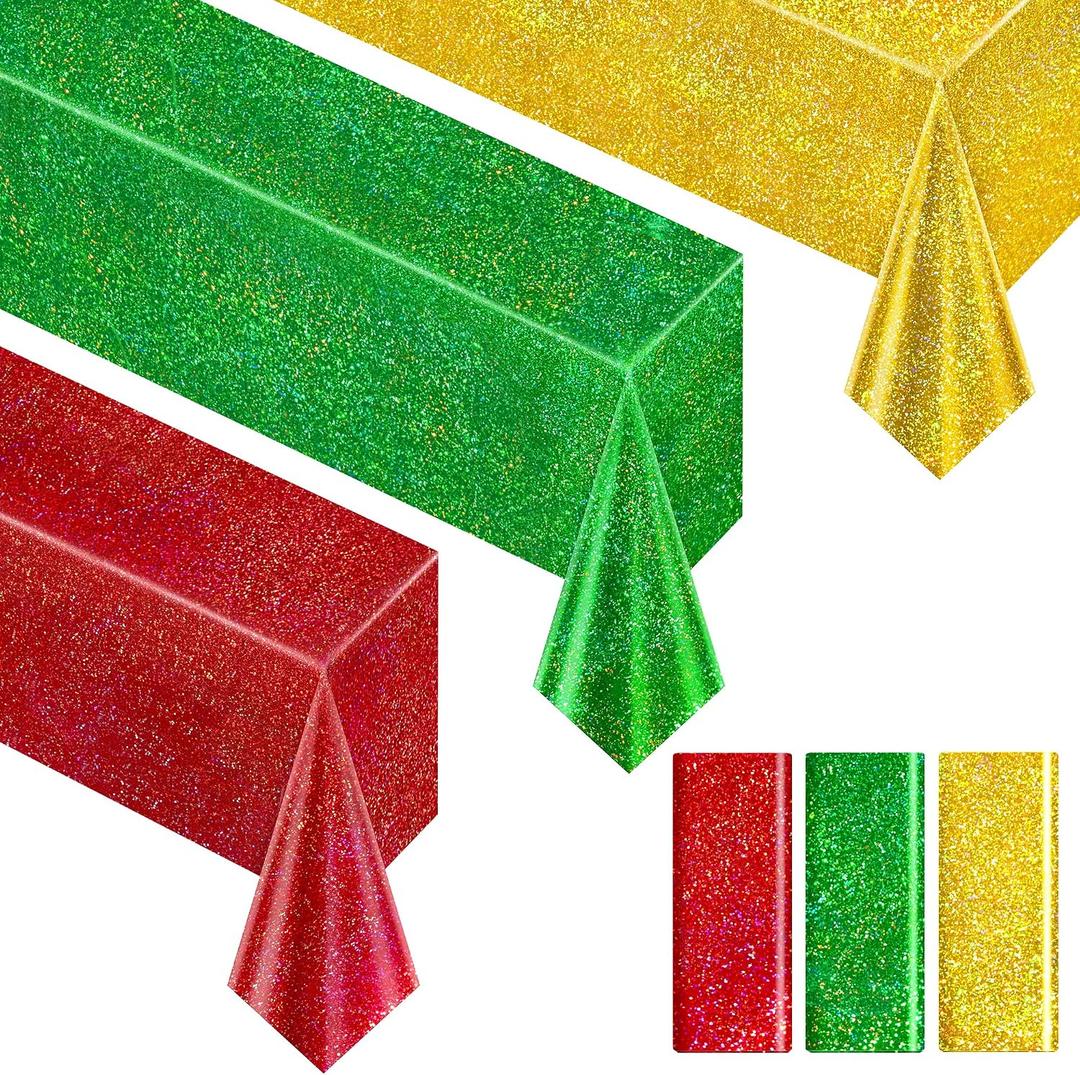 Christmas Table Cloth 40" x 108" Red, Green and Gold Holographic Laser Tablecloth Iridescence Shining Plastic Disposable Party Table Decoration For Holiday Event Birthday Party Decor Supplies