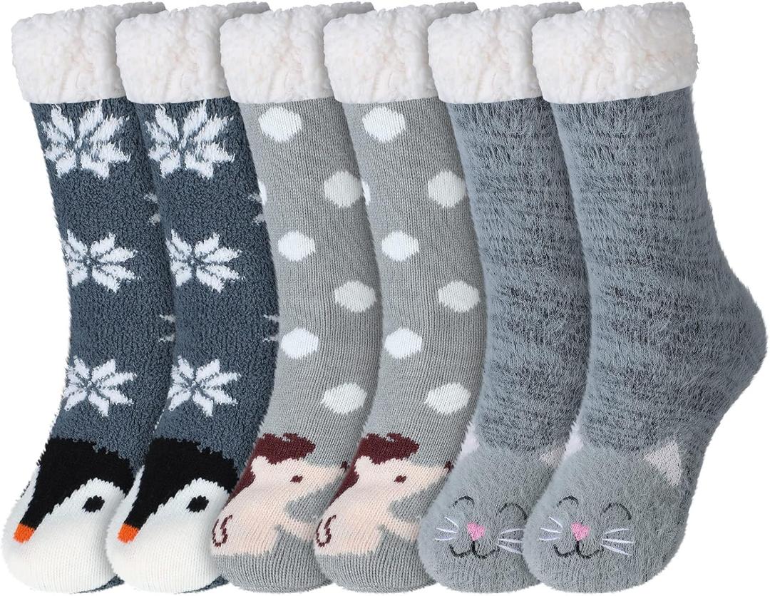 3 Pairs Women Fuzzy Slipper Socks with Grips Winter Warm Soft Fluffy Cozy Sleeping Socks Non Skid Cute Cat Animal for Winter Home House