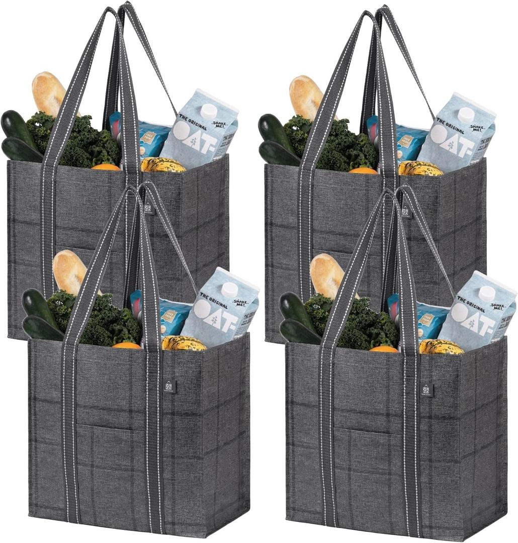 VENO 4 Pack Reusable Grocery Bags with Hard Bottom, Heavy-Duty Shopping Bags for Shopping Cart (Windowpane, 4 Pack)