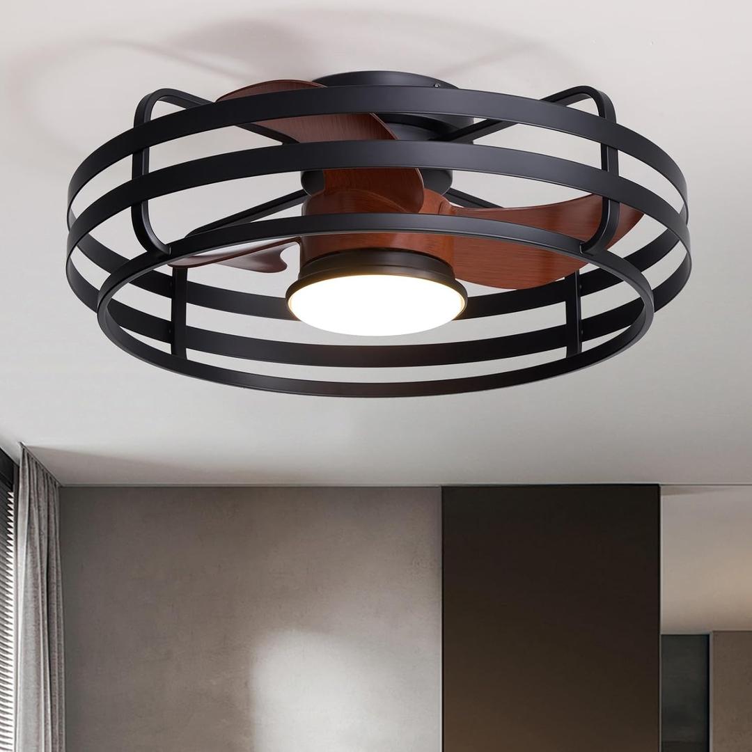 SNZ 24Caged Ceiling Fan with Light, Flush Mount Enclosed Ceiling Fans with Remote & APP, 3000K-6500K, 6-Speed Reversible Quiet Motor, Modern Bladeless Ceiling Fan with Light for Bedroom Living Room