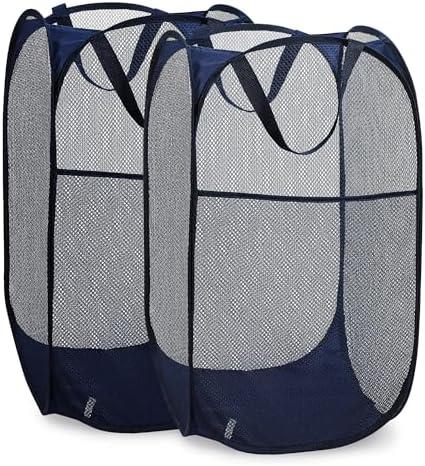 Handy Laundry Collapsible Mesh Pop Up Hamper with Wide Opening and Side Pocket – Breathable, Sturdy, Foldable, and Space-Saving Design for Clothes and Storage. (Blue | 2-Pack)