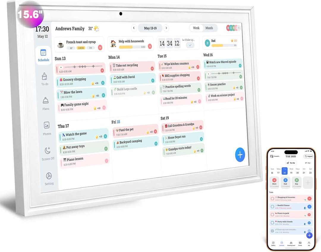 UPGRADED 15.6" Digital Calendar, Smart Touchscreen Chore Chart & Planner with Mobile Interconnection, Multi-functional Electronic Calendar for Schedule, Meal Planner, Chore Chart, Photo Display