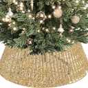 ELYKEN 28 Inch Christmas Tree Collar, Gold Woven Xmas Tree Skirt for 7.5 ft Trees, Stylish Tree Base Cover with Cord Cut-Out, Round Tree Ring for for Pencil Trees, Easy Assembly