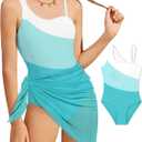 Girl's One Piece Swimsuits Color Block Cutout One Shoulder Bathing Suit with Mesh Cover Up 1 Piece Swimsuit Swimwear (Light Green + White), Size: 13-14 Years
