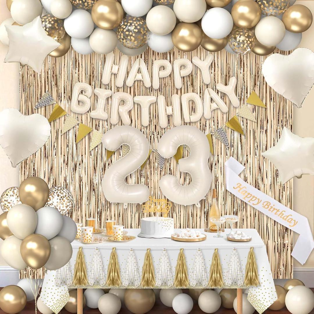23rd Birthday Decorations for Women, White and Gold 23 Boho Birthday Party Supplies Includes Number Balloons, Banner, Fringe Curtain, Cake Topper