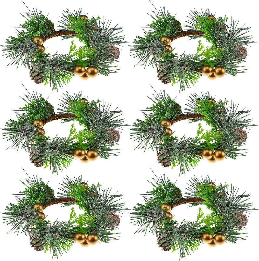 6 Pcs Christmas Candle Ring 4.7 Inch Mini Christmas Wreaths for Home Cabinets Artificial Berry Candle Rings with Pine Cones Small Wreaths for Home, Wedding, Christmas Holiday Table Decoration (Gold)